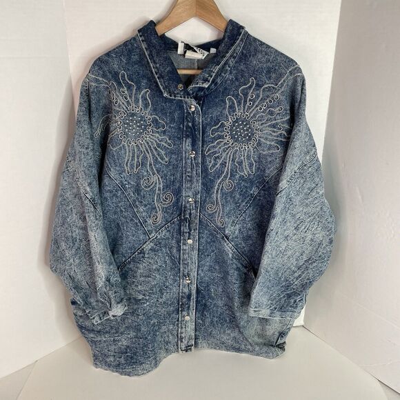 Medium Jackets & Blazers - Vintage Tina Woo For Mass Denim Button Up Jacket, Medium, Blue, Flowers,
